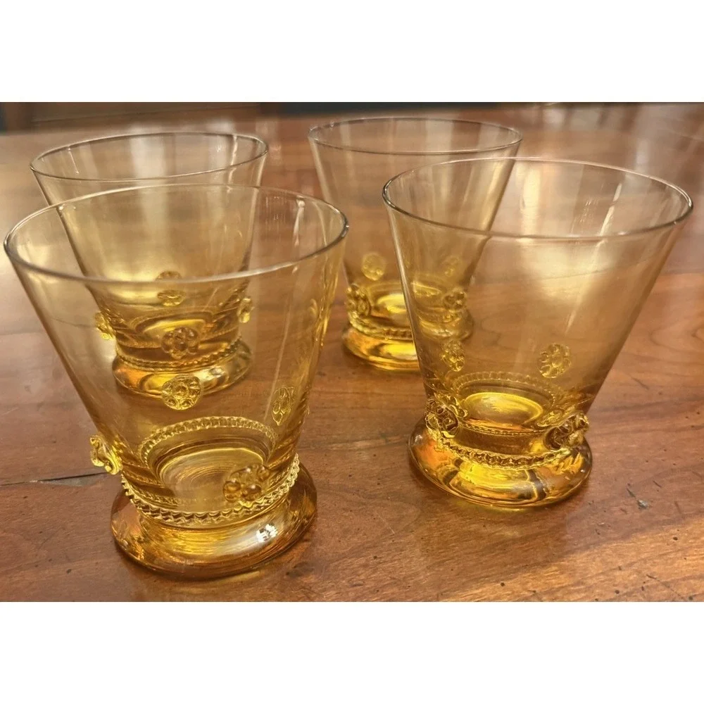 Set of 4 Vintage Theresienthal Bacchus Amber Crystal Tumbler Glasses Handmade